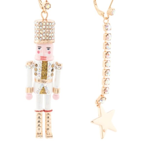 Betsey Johnson Jewelry - NWT BETSEY JOHNSON White Crystal Nutcracker & Gold Star Holiday Dangle Earrings